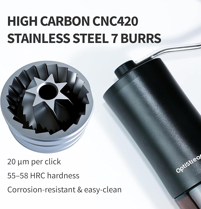 Portable Manual Coffee Grinder – Effortless 7 CNC420 High-Carbon Steel Burrs, Uniform 20 μm Grind, Full Aluminum Body & Tinted Glass Jar, 25 g capacity for travel (Black)