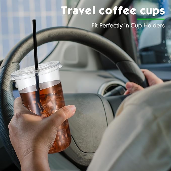 100 Set 20 oz Clear Plastic Cups with Lids and Straws, Disposable Iced Coffee PET Cups for Drinking Cold Beverage Juice Parfait Smoothie Milkshake Coffee Shops Party Supplies