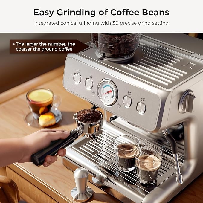 Kismile Espresso Machine with Grinder, 20 Bar Expresso Coffee Machines with Milk Frother Steam Wand, Espresso Maker with 30 Grind Settings, Expresso Machines for Home, Perfect for Cappuccino, Latte