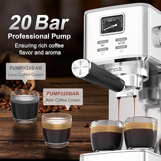 Espresso Machine 20 Bar, Compact Espresso Coffee Machine with Steam Milk Frother & 47oz Removable Water Tank, Hot Water Function for Home Cappuccino, Latte