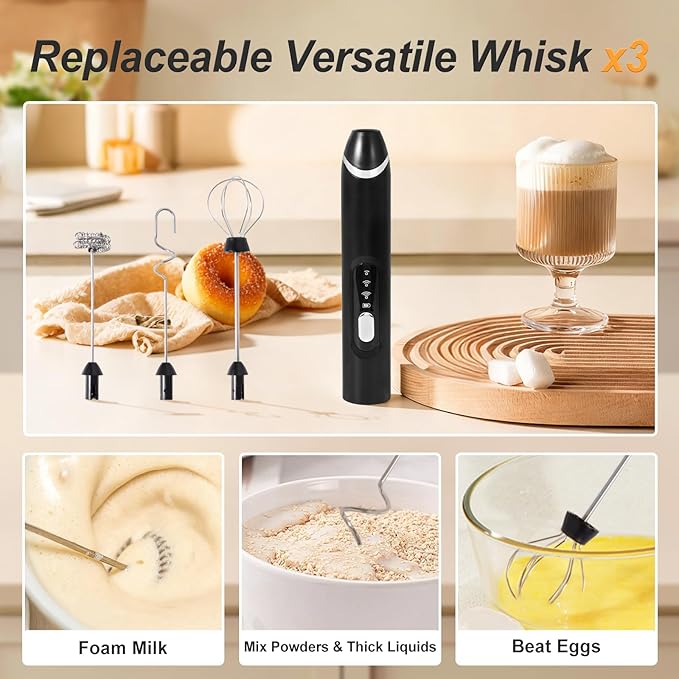 Handheld Milk Frother Wand for Coffee，Rechargeable Drink Mixer, 30dB Ultra Quiet with 3 Adjustable Speeds & 3 Whisks For Cappuccino, Hot Chocolate, Egg，Protein powder