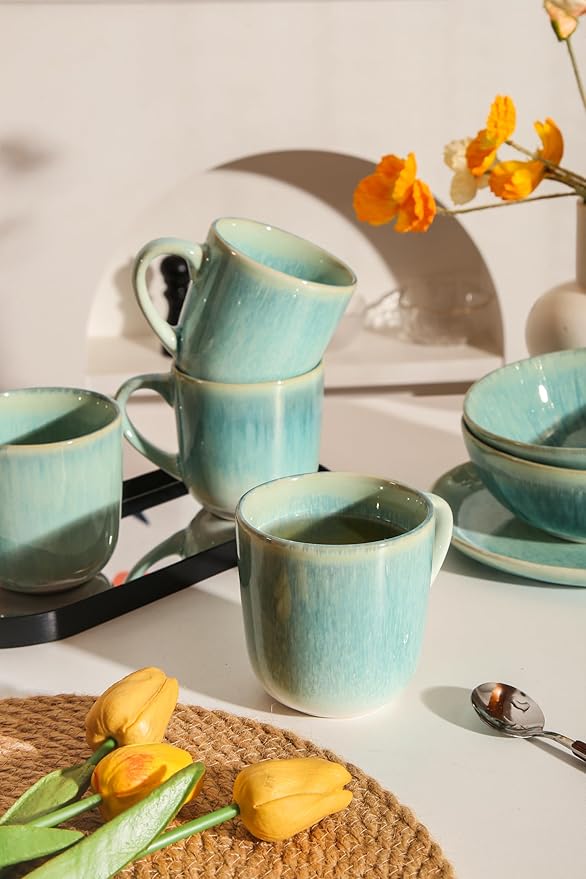 Stoneware Coffee Mugs Set of 4, 12 oz Aqua Ceramic Coffee Cups Microwave and Dishwasher Safe Stackable Coffee Mug Set with Easy Grip Handle for Home Kitchen Office Gift Set