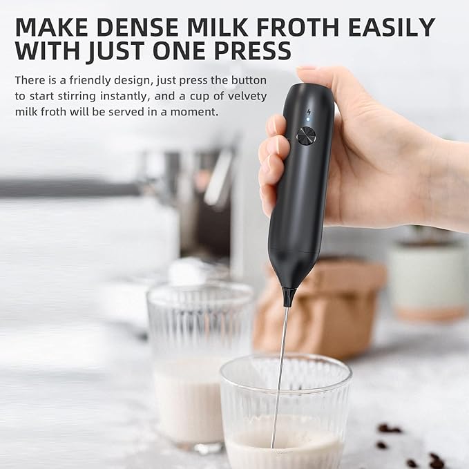 CIRCLE JOY Milk Frother Handheld Rechargeable Milk Foamer Electric Mini Drink Mixer with Stainless Steel Whisk for Coffee, Cappuccino, Lattes, Frappe, Matcha and Hot Chocolate, Black
