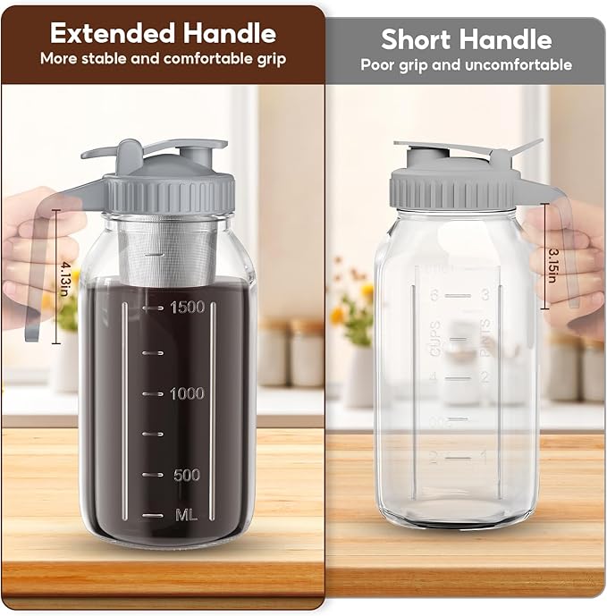 AHOMSEL Cold Brew Coffee Maker Jar - 2 Pack 64 oz/32 oz Glass Cold Brew Maker with Handle, Stainless Steel Filter & Leak-Proof Lid, Heavy Duty Cold Brew Pitcher for Iced Coffee, Sun Tea, and Milk