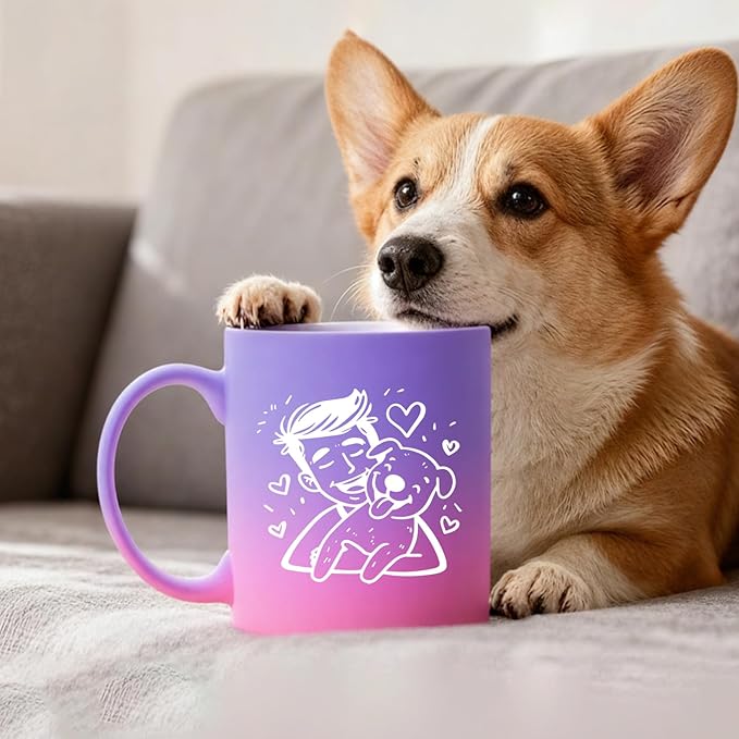 G MUGS Ceramic Coffee Tea Mug, Cute Boy & Dog Hug Design Mug (Solid Purple), Adorable Pet Lover Gift for Men Women,13oz Sunset Glow Mug
