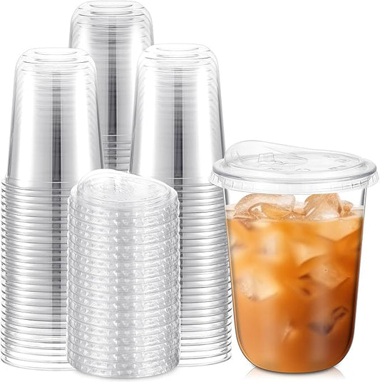 100 Sets Clear Plastic Cups with Strawless Sip Lids, Thickened Clear Disposable Plastic PET Crystal Cups for Iced Coffee, Smoothie, Cold Beverage, Drink Shops and Party Catering (16 oz)
