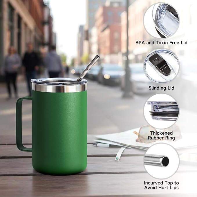 Volhoply 16oz Insulated Coffee Mug with Lid and Straw, Stainless Steel Travel Mugs with Handle, Double Wall Vacuum Leak Proof Coffee Tumbler Cup (Assort Color,2)