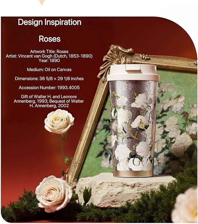 JWANGYUDG-100% Fully Titanium 17.5 oz Mug, 12-hour Thermal Insulation Coffee Mug, Artistic Travel Coffee Mug, Reusable Coffee Cup (White Roses)