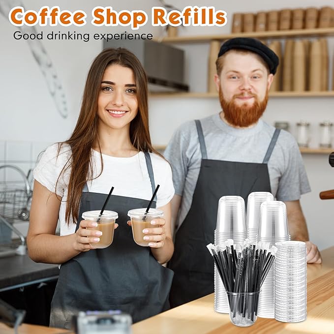 100 Set 10 oz Clear Plastic Cups with Lids and Straws, Disposable Iced Coffee PET Cups for Drinking Cold Beverage Juice Parfait Smoothie Milkshake Coffee Shops Party Supplies