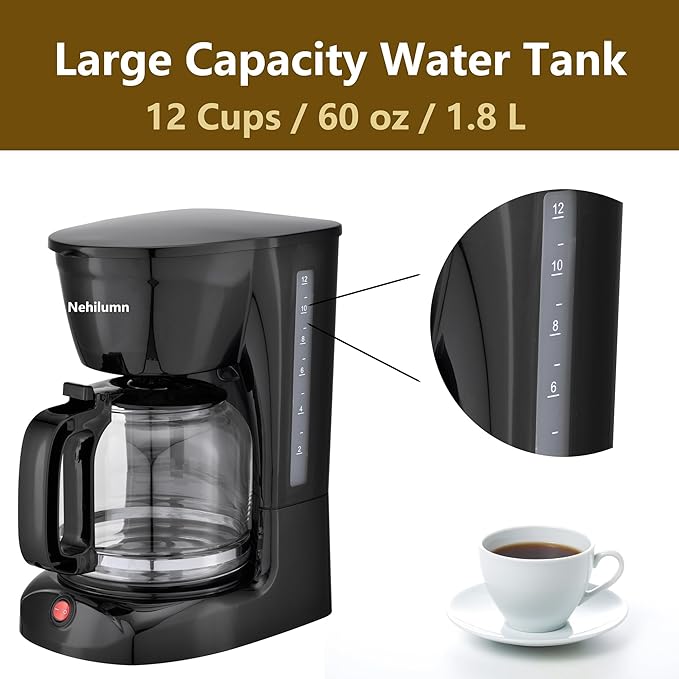 Nehilumn 12 Cup Drip Coffee Maker Machine, Coffee Pot Machine Permanent Coffee Filter,1.8L Glass Carafe Electric Coffee Maker,950W Black