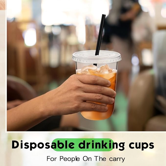 100 Set 16 oz Clear Plastic Cups with Lids and Straws, Disposable Iced Coffee PET Cups for Drinking Cold Beverage Juice Parfait Smoothie Milkshake Coffee Shops Party Supplies
