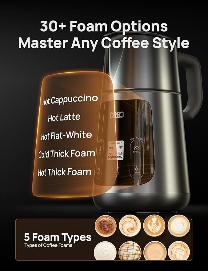 DREO Milk Frother [Upgraded], All-in-1 Electric Foam Maker for Coffee, 15oz/450ml Automatic Foam Frother for Latte Art-level Microfoam, 30+ Drinks, Easy to Clean, Dishwasher Safe, LED display