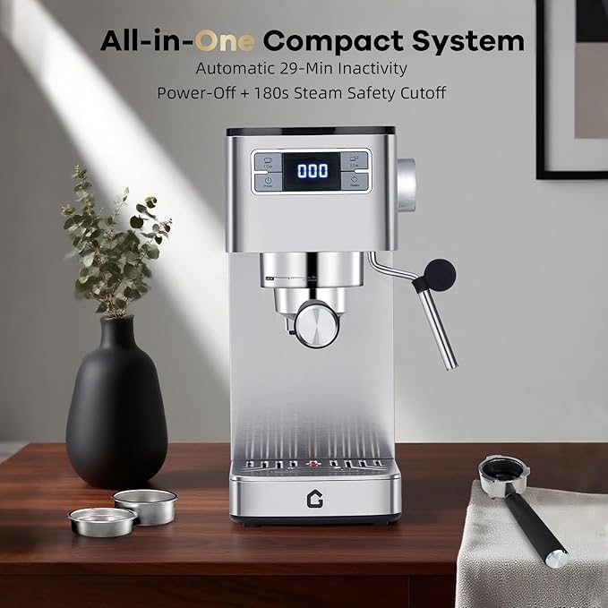 GarveeHome Compact 20 Bar Espresso Machine–Stainless Steel, Steam Milk Frother, Removable Tank for Cappuccino/Latte,(Silver)