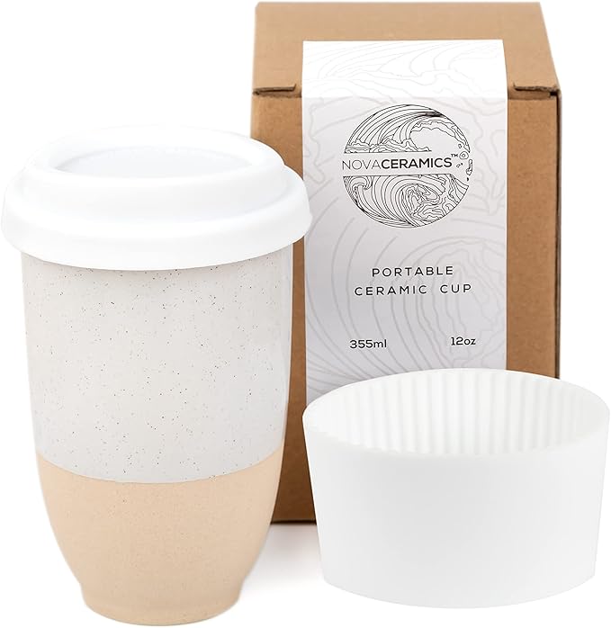 NOVA CERAMICS Travel Mugs - Reusable Coffee Cup – Cute Coffee Mugs Travel Coffee Tumbler – Microwave & Dishwasher Safe To Go Coffee Mug- Gifts For Women Men Him Her – 12oz - Dune