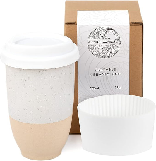 NOVA CERAMICS Travel Mugs - Reusable Coffee Cup – Cute Coffee Mugs Travel Coffee Tumbler – Microwave & Dishwasher Safe To Go Coffee Mug- Gifts For Women Men Him Her – 12oz - Dune