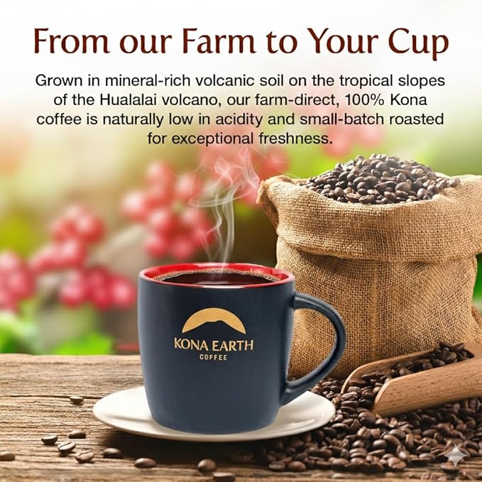 KONA EARTH - 100% Kona Coffee, Classic Medium Dark Roast, Whole Bean, 1 lb (16oz) Farm-Direct Authentic Hawaiian Kona Coffee beans from Hawaii’s Big Island, Small-Batch Roasted