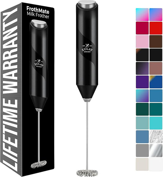 Zulay Kitchen Powerful Milk Frother Wand - Handheld Stainless Steel - Battery Operated Drink Mixer for Coffee, Lattes, Cappuccino, Matcha - Froth Mate Frother Gift - Black