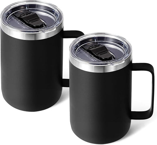 Volhoply 16oz Insulated Coffee Mug with Lid and Straw, Stainless Steel Travel Mugs with Handle, Double Wall Vacuum Leak Proof Coffee Tumbler Cup (Black,2)