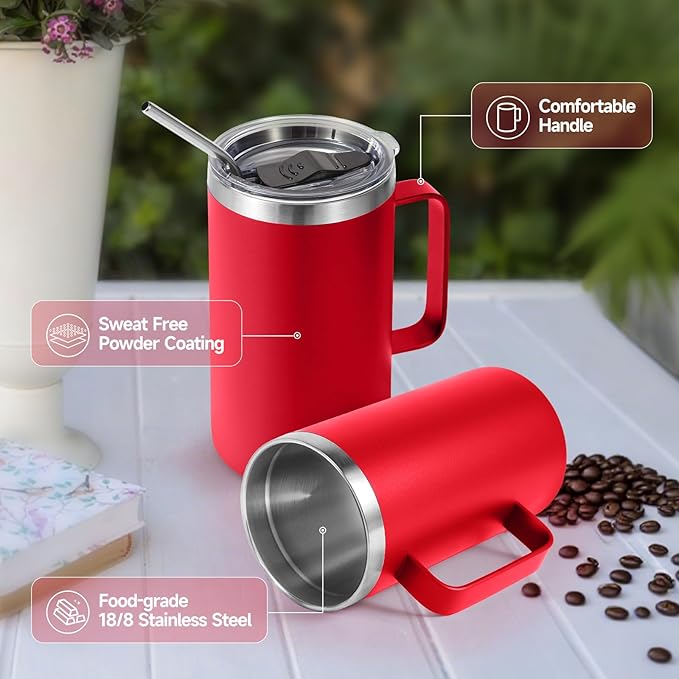 Volhoply 24oz Insulated Coffee Mug with Lid and Straw, Stainless Steel Travel Mugs with Handle, Double Wall Vacuum Leak Proof Coffee Tumbler Cup (Red,1)