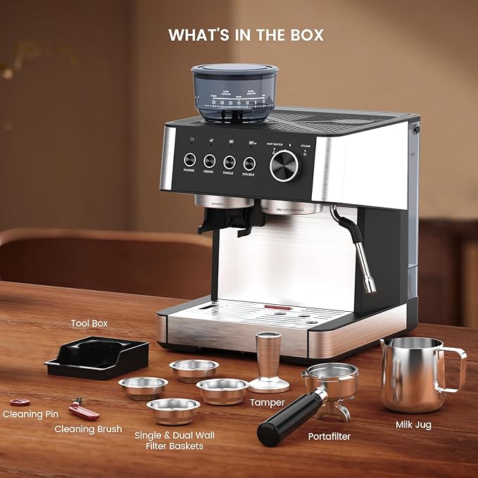 (2025 Upgrade)20 Bar Espresso Machine with Built-in Anti-Clog Coffee Grinder, Expresso Coffee Machines with Milk Steam Wand/Frother/Tamping Tools,Espresso Maker with Grinder for Lattes-Deep Black