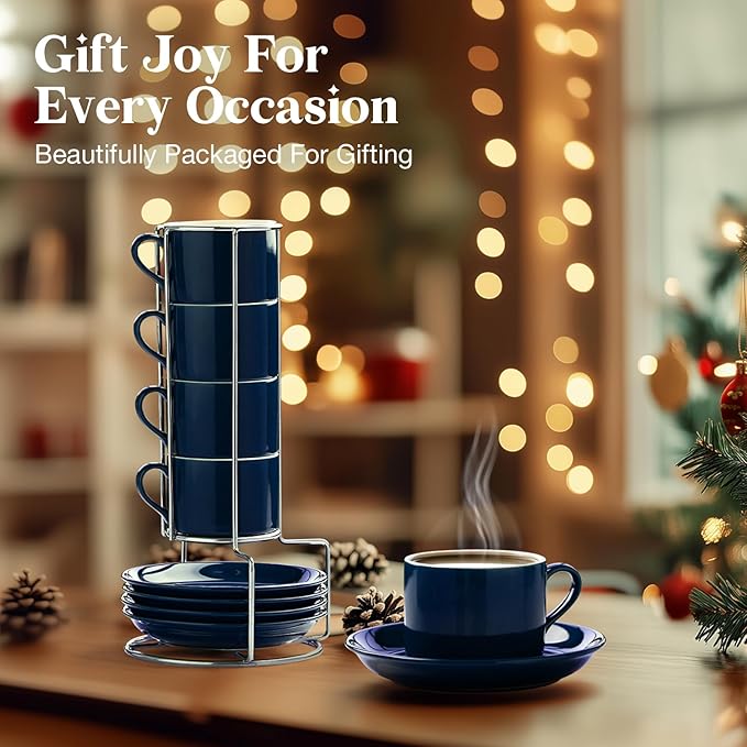 NWYSZ 5 Ounce Blue Porcelain Stackable Espresso Cups with Stainless Steel Holder, Set of 4, Durable Ceramic, Perfect for Home, Office or Gift