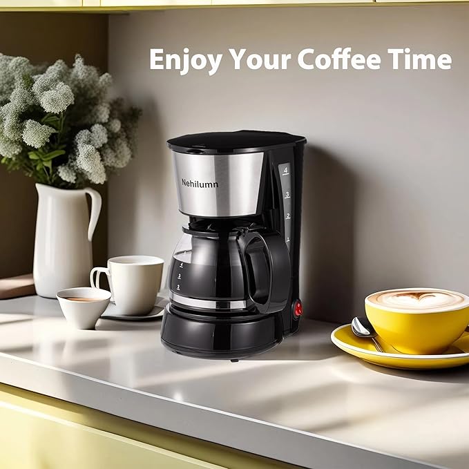 Nehilumn 4 Cups Drip Coffee Maker, Coffee Pot Machine Permanent Coffee Filter, Mini,20Oz Electric Coffee Maker,650W Black and Stainless Steel