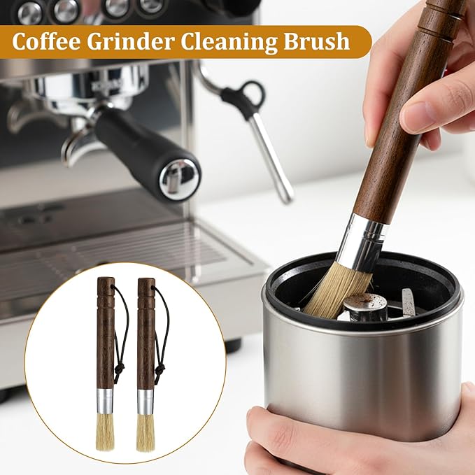 Coffee Grinder Cleaning Brush with Natural Walnut Wood Handle, 2 Pack Espresso Machine Brush with Wooden Handle and Black Boar Bristle Coffee Bar Accessories Coffees Brushs for Barista Home Kitchen