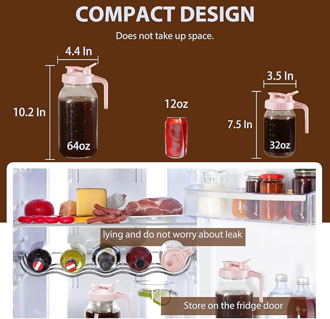 Glyntrof Cold Brew Coffee Maker Pitcher, Pink 64 Oz Heavy Duty Wide Mouth Glass Mason Jar pour spout Lid with Stainless Steel Filter for Iced Coffee, Ice Drinks