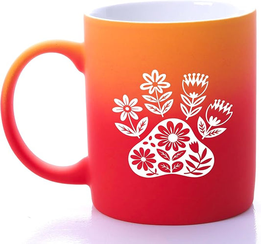 G MUGS Dog Paw Ceramic Tea Mug, Floral Pet Paw Design Coffee Mug, Cute Animal Lover Gift for Women,13oz Red And Yellow Mug