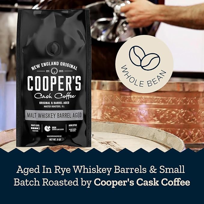 Whiskey Barrel Aged Coffee, Single-Origin Sumatra Beans Aged in American Malt Whiskey Barrels, Medium Dark Roast Whole Bean, 5 lb