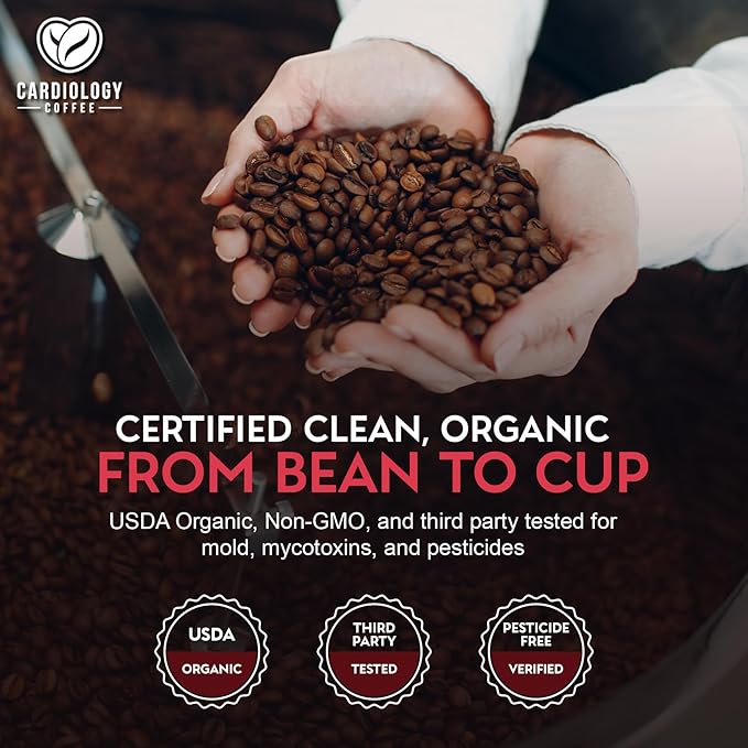 Cardiology Coffee – Whole Bean Coffee – USDA Certified Organic, Mold Free 12oz Premium Medium Roast Organic Coffee Beans with Antioxidant Benefits – Perfect for Heart Healthy Lifestyle