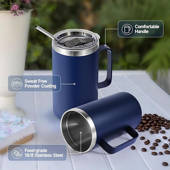 Volhoply 24oz Insulated Coffee Mug with Lid and Straw, Stainless Steel Travel Mugs with Handle, Double Wall Vacuum Leak Proof Coffee Tumbler Cup (Navy,2)