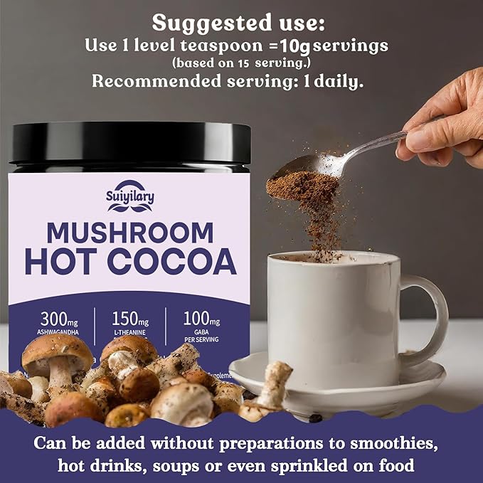 10 Mushroom Hot Cocoa for Sleep, Sugar Free Keto Cocoa Powder, Nighttime Drink,100mg Magnesium Glycinate, 100mg GABA, 150mg L-Theanine, Help Fall Asleep and Stay Asleep, 15 Servings