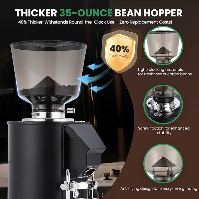Huanyu Coffee Grinder Commercial with Touchscreen Control, Reinforced 35oz Hopper (40% Thicker), 8 Grind Settings, 64mm Flat Burr and Dual Dosing, For Coffee Shops and Home Use