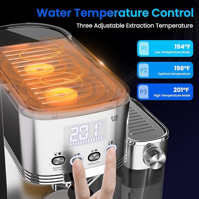 Espresso Machine 20 Bar Temperature Time LED Display Espresso Maker with Stepless Adjustable Automatic Milk Frother for Cappuccino Latte Americano Stainless Steel Coffee Machine with ESE Pod Filter