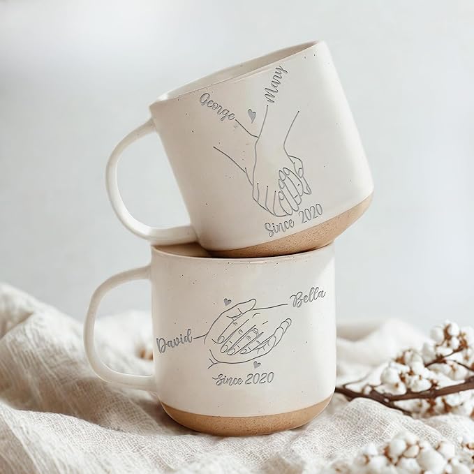 Personalized Couple Pottery Mug 12oz, Custom Names Since Year Coffee Mug, Minimalist Line Art Design, Engagement, Wedding & Anniversary