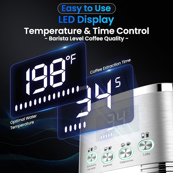 Espresso Machine 20 Bar Temperature Time LED Display Espresso Maker with Stepless Adjustable Automatic Milk Frother for Cappuccino Latte Americano Stainless Steel Coffee Machine with ESE Pod Filter