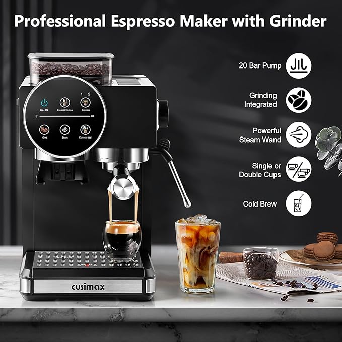 CUSIMAX Espresso Machine with Grinder, 20 Bar Professional Expresso Coffee Machines with Milk Frother Steam Wand, Espresso Maker with 60oz Removable Water Tank, Cappuccino & Latte Machine for Home