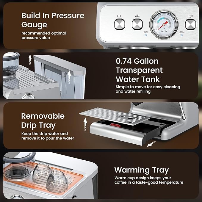 20 Bar Espresso Machine with Grinder & Milk Frother Steam Wand, 58mm Stainless Steel Coffee Maker, Expresso Coffee machines for Home and Café Use, Perfect for Cappuccino and Latte