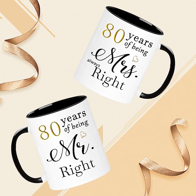 WOSIWULA 80 Year Anniversary Birthday Coffee Mugs Set of 2, 80th Wedding Anniversary Decorations Gifts for Couple Grandparents Parents Women Men Wife Husband Her Him, 80th Birthday Gifts, 11oz