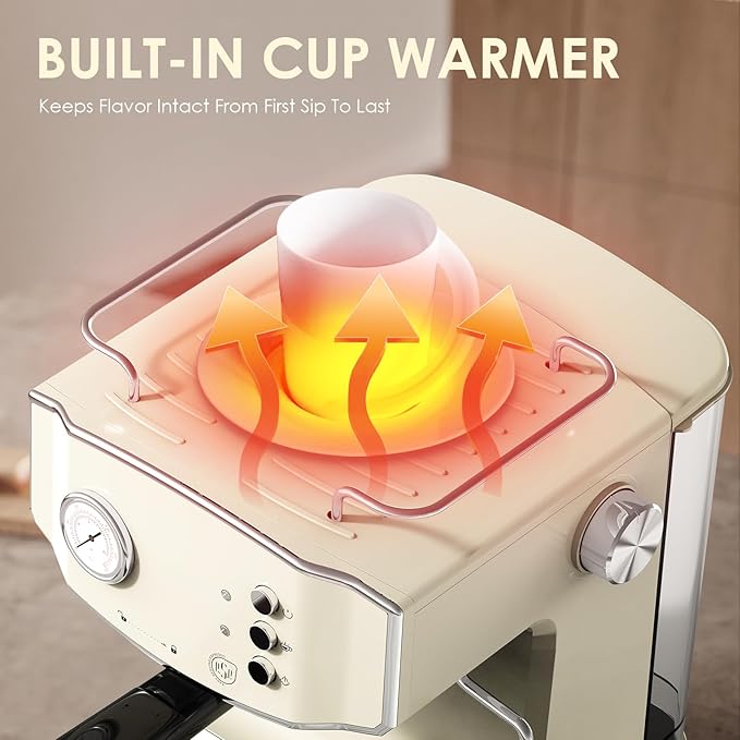 20 Bar Vintage Style Espresso Machine Coffee Maker with Milk Frother, ESE Pod Compatible Coffee Machine, Pressure Gauge, 54 oz PP Removable Water Tank, Ideal for Home Barista,Griege