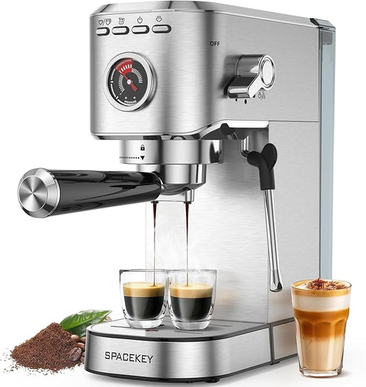 Spacekey Espresso Machine 20 Bar, 1350W Expresso Coffee Machines with Milk Frother, Compact Stainless Steel Espresso Maker with 39oz Removable Water Tank for Cappuccino, Latte, Americano, Silver