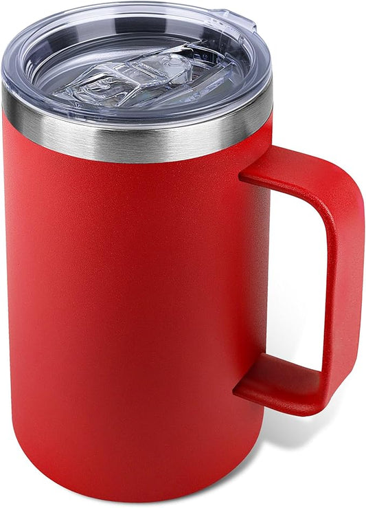 Zynkify 22oz Insulated Coffee Mug with Handle & Leak-Proof Lid - Double Wall Stainless Steel Travel Tumbler for Commute/Office/Home, Red, 1 Pack