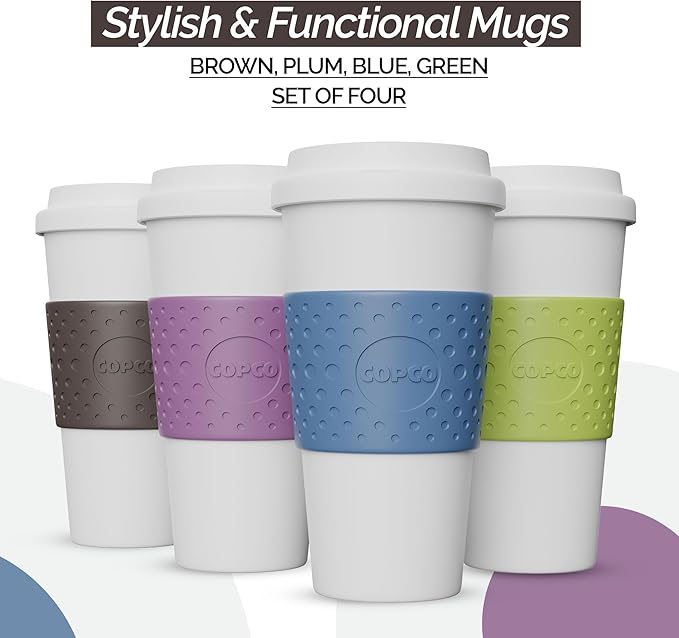 Copco Acadia Travel Mug (4-Pack), 16oz Insulated Coffee Mug with Double-Walled Plastic, Leak-Proof Lid - Microwave & Dishwasher Safe, Non-Slip Sleeve, Hot & Cold Drinks - Light Colors