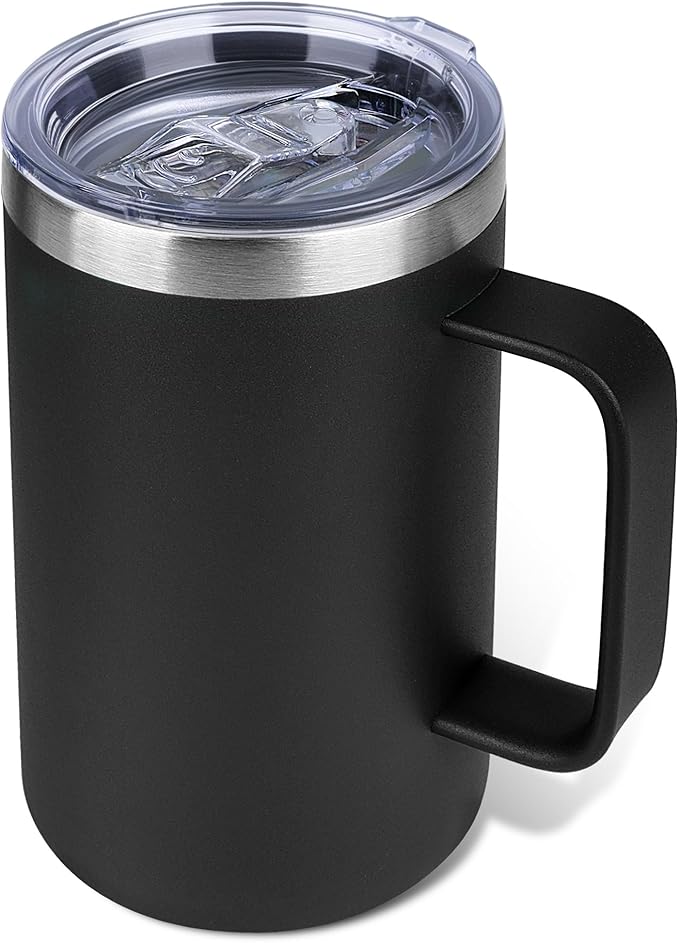 Zynkify 22oz Insulated Coffee Mug with Handle & Leak-Proof Lid - Double Wall Stainless Steel Travel Tumbler for Commute/Office/Home, Black, 1 Pack