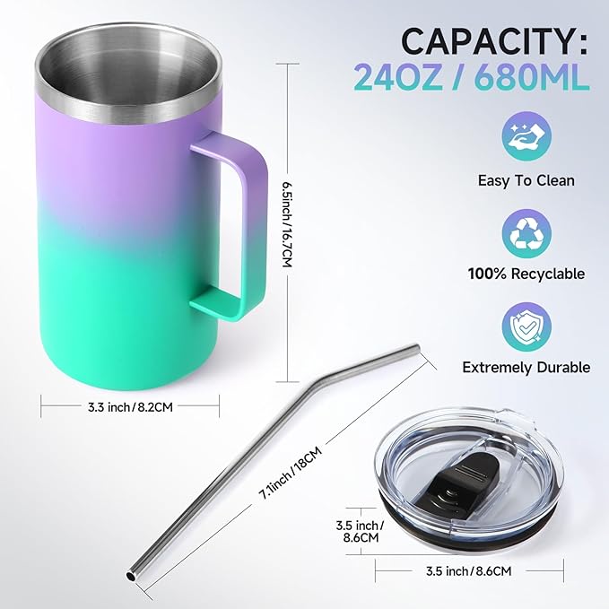Volhoply 24oz Insulated Coffee Mug with Lid and Straw, Stainless Steel Travel Mugs with Handle, Double Wall Vacuum Leak Proof Coffee Tumbler Cup (Mixed,2)