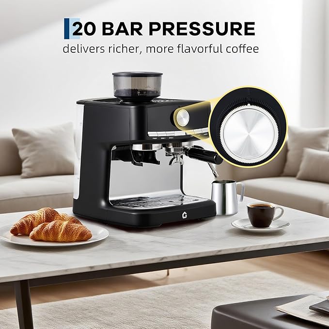 Professional Espresso Machine with Built-in Grinder, 20 Bar Pressure Stainless Steel Coffee Maker with Milk Frother, 1.5l Removable Water Tank for Latte & Cappuccino, Ideal for Home & Office Use