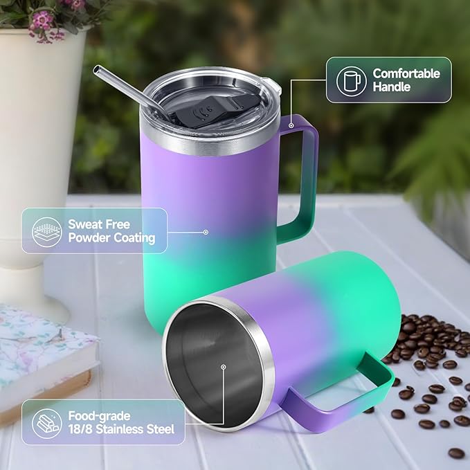 Volhoply 24oz Insulated Coffee Mug with Lid and Straw, Stainless Steel Travel Mugs with Handle, Double Wall Vacuum Leak Proof Coffee Tumbler Cup (Purple Green,1)