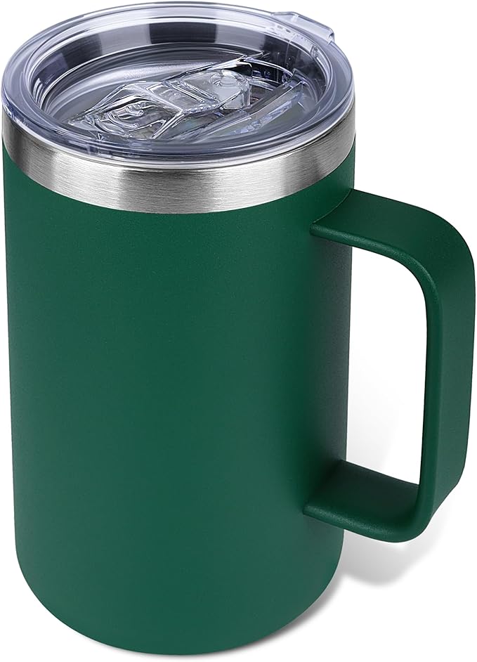Zynkify 22oz Insulated Coffee Mug with Handle & Leak-Proof Lid - Double Wall Stainless Steel Travel Tumbler for Commute/Office/Home, Dark Green, 1 Pack