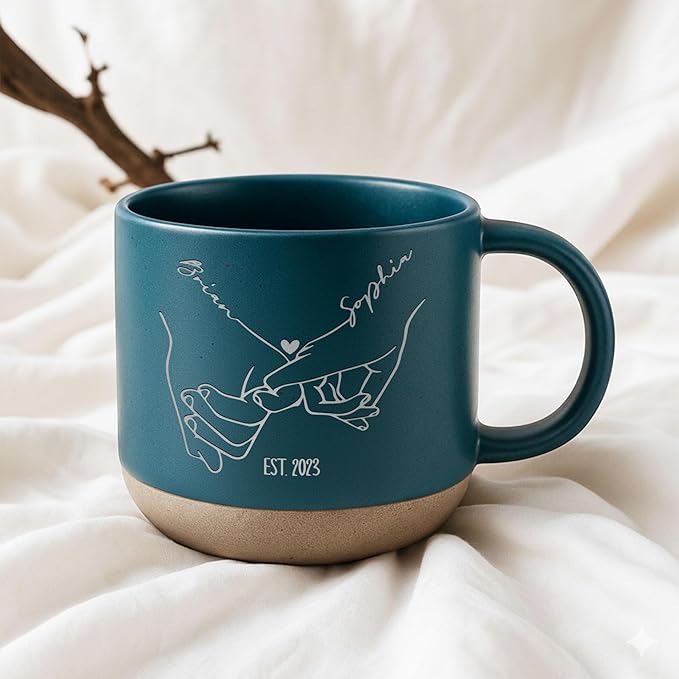 Personalized Holding Hands Couple Pottery Mug 12oz, Minimalist Line Art Engagement, Wedding & Anniversary, Custom Names and Date Handmade Ceramic Coffee Mug